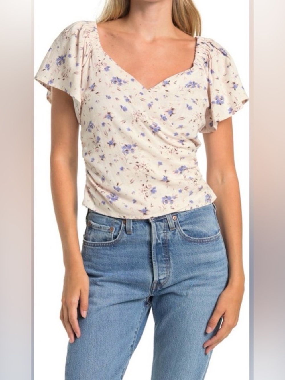 ASTR The Label Periwinkle Floral Faux Wrap Side Zip Ruched Top NWT M #2666
